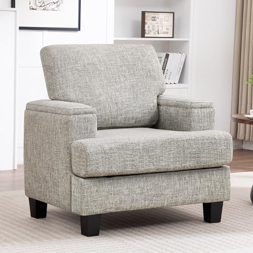 Image of Accent Chair with Armrest Storage, Modern Upholstered Reading Living Room Chairs, Comfy Large Armchair, Fabric Single Sofa Chair for Bedroom (Light Grey)