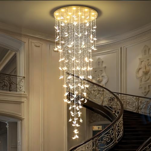 Image of ykolupty H138 High Ceiling Chandelier - Modern Crystal Raindrop Large Chandelier for Staircase Foyer Entryway Living Room - Dimmable 3000-6000K