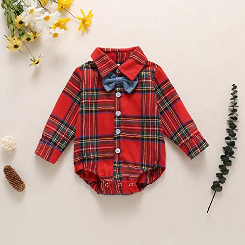 Longfei Pasgeboren Baby Jongen Kerst Outfits Plaid Bodysuit Onesie met Bowtie Flanel Romper Jurk Shirt Gentleman Pak - Afbeelding 4