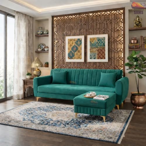 Image of SRMS Golden Legs 4 Seater L Shape Velvet Fabric Sofa Set with Four Cushions | Perfect for Home Office Guests Living Room | Sofa Set for living Room | 74 x 32 x 30 inches | Teal Green