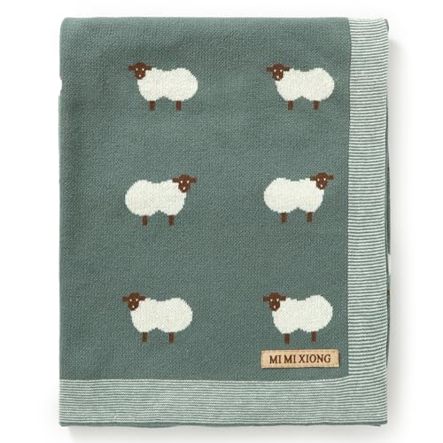 Image of mimixiong Baby Blanket Knit 100% Cotton Toddler Blankets for Boys and Girls with Cute Sheep Size 30 x 40 inches (Dark Green, 30x40 Inch (Pack of 1))