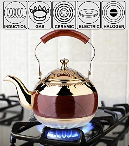 2 Liter Teapot Gold Pot with Infuser for Loose Tea Stainless Steel Coffee Kettle 8 Cup Induction Stovetop Tea Pot Strainer Office Hot Water Mirror Finish 68 Ounce by Onlycooker - Thumbnail 4