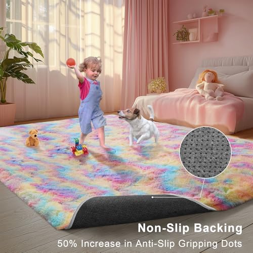 Rainbow Area Rugs for Girls Bedroom, 5x8 Fluffy Fuzzy Shaggy Carpet for Kids Playroom Nursery Living Room, Thick Soft Plush Mat for Kids Baby Boys Teen Dorm Home Decor Aesthetic