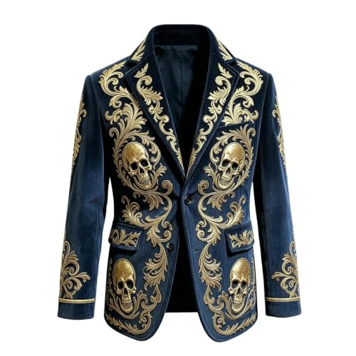 Men Halloween Corduroy Blazer Jacket Gothic Skull Floral Pattern Outwear - image 4