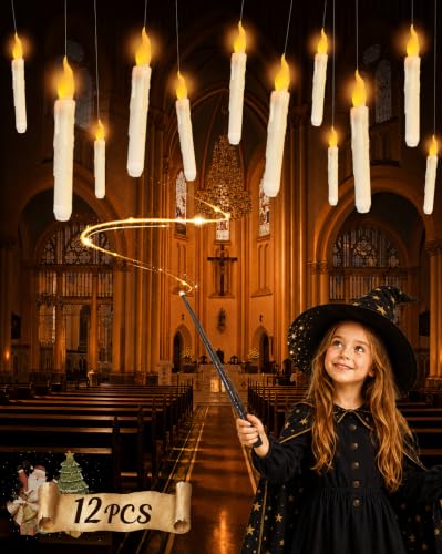 WEIBOLT Flameless Floating Candles with Wand12 Pcs Magic LED Hanging Taper CandlesFlickering Battery Operated Taper Candle with Wand Remote for Halloween Decorations