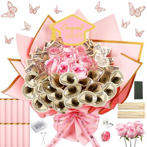 AUGSUN Graduation Money Bouquet Kit 147 Pcs DIY Bouquet Making Supplies with Folded Bills Wrapping Paper 3D Butterflies for Graduation Gift Class of 2026 Gifts