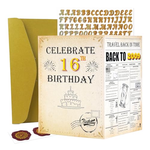 Back to 2009 16th Birthday Card – Retro Time Travel Greeting Card with Gold Envelope, Glitter Letter Stickers & Wax Seal – Vintage Newspaper Style Card for Teens, Boys, Girls, and Friends – 10.6"x7.9"