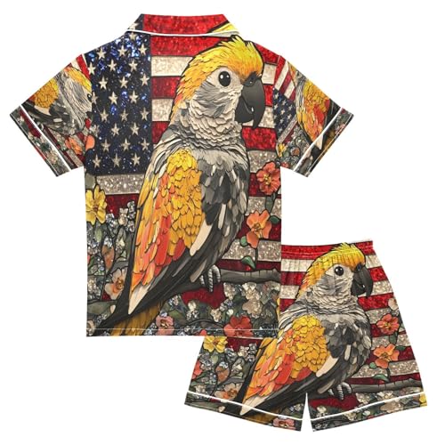 ALAZA Parrot American Flag Flower Satin Pajamas Set Short Sleeve Button Down Sleepwear Summer Pjs 2 Piece2