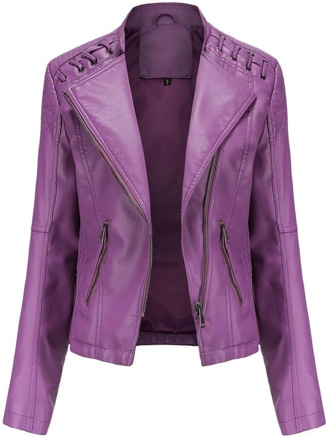 Generic Design Jacket for (Couleur : Violet) (SIZE: XL) Women FAUX Leather Long Sleeve Zip Up Coat Jacket Biker Bomber Tops