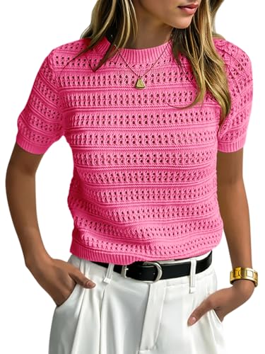Image of Saodimallsu Womens Short Sleeve Crochet Sweaters Summer Boho Pullover Tops