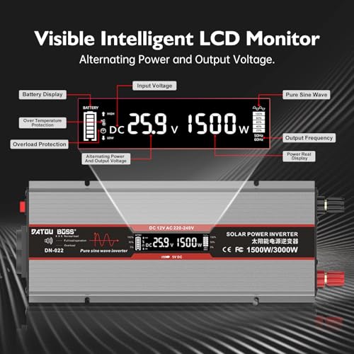 Miniatura 3 de Datouboss Inversor 24v 220v Onda Pura 1500w 3000w Convertidor De Onda Pura Con Pantalla Lcd Con Puerto Usb Ac Tomas Para Sistemas Solares, Caravanas, Coches, Camping