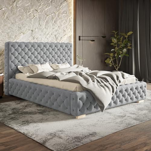 MOTIVENA Dianna Chesterfield Bett 160x200 Grau Samt, mit Stauraum, mit Kopfteil, mit Lattenrost, mit Füßen, ohne Matratze, Chesterfield Polsterbett 160x200 mit Bettkasten Grau (Hellgrau)