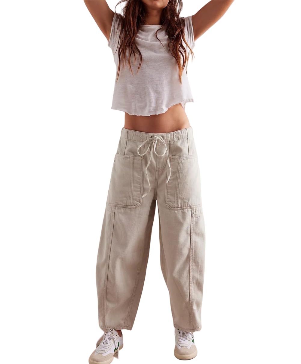 Jeans elasticizzati da donna a vita alta con coulisse e pratiche tasche, bianco, L