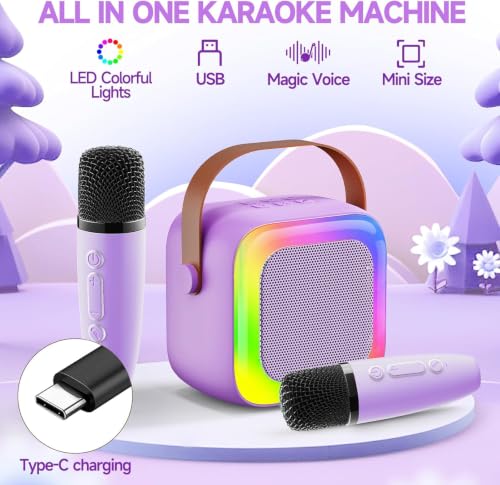Image of MIni Karaoke Machine for Kids with 2 Wireless Microphones, Portable Bluetooth Speaker, LED Disco Lights & Voice Changer, Great Birthday Gift for Girls Ages 3-12, Perfect for Family Parties and Home