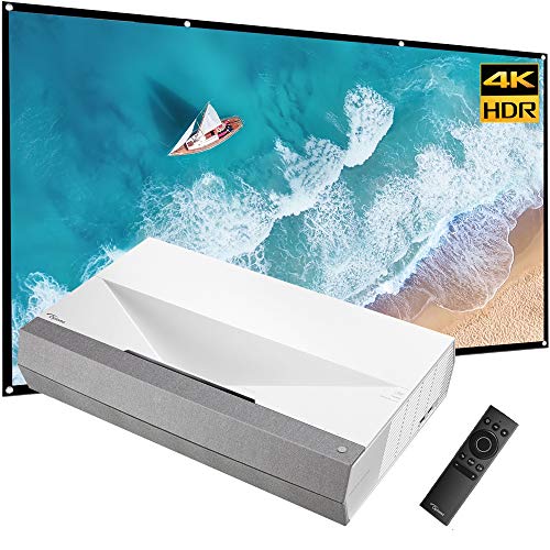Optoma CinemaX P2 Smart 4K HDR UHD Laser All-in-One Home Entertainment System Bundle with Minolta 120" Home Theater Projector Screen 16:9 Indoor Outdoor Folding with Mount Hooks
