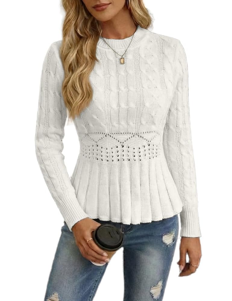 Mywinway Womens Sweaters Fall Winter Peplum Sweater Cable Knit Long Sleeve Crew Neck Cute Casual Trendy Pullover Tops