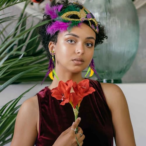 Mardi Gras Earrings, Colorful Mask Feather Dangle Earrings for Women Girls Jewelry, Carnival Drop Earrings Holiday Party Accessories3