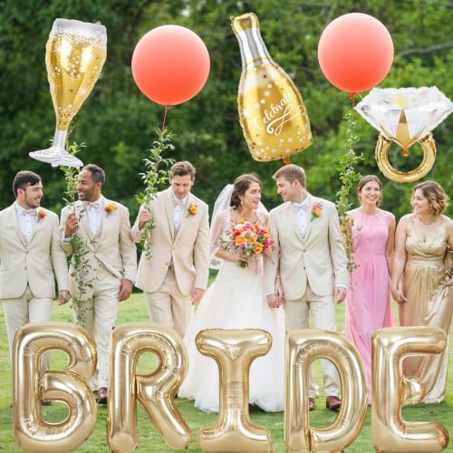 Image of 40inch Bride Balloons Light Gold Letters Banner, Bachelorette Party Decoration Set with Diamond Ring Champagne Bottle Balloon Glass Foil Balloon for Bachelorette Engagement Wedding Bridal Shower Decor