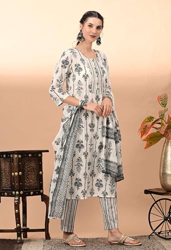 Image of Amazon Brand - Tavasya Women Cotton Anarkali Kurta Pant Dupatta Set | Printed Ethnic Suit Set | Flared Anarkali Kurta with Pant & Dupatta | Festive & Casual Wear