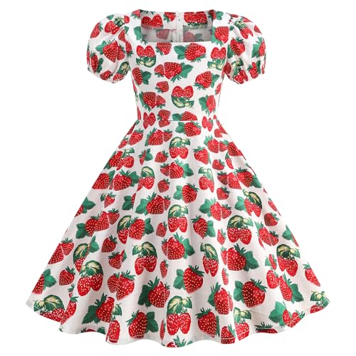 1950s Vintage Dresses for Girls Ice Cream/Strawberry/Butterfly/Mango Print Dress Short Sleeve Square Neck