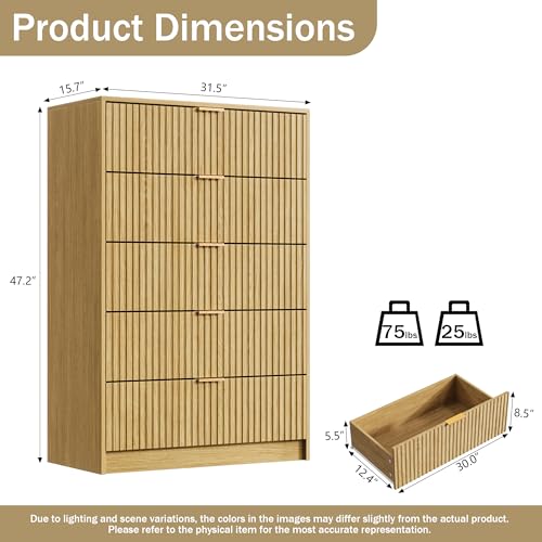 Image of Furniway 3 Piece Bedroom Set, 5 Drawer Dresser and Nightstand Set of 2 with Gold Handles, Mid-Century Modern Wood Chest of Drawers Storage Cabinet for Bedroom, Natural Oak