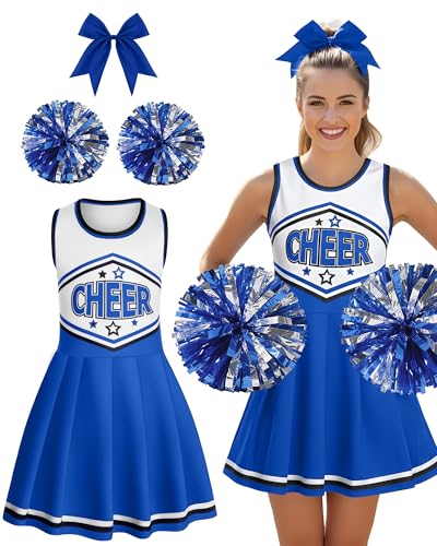 JenPen 3 Pcs Halloween Cheerleader Costume for Women Adult Cheerleader Outfit Set Cheerleading Uniform Dress for Party(Blue and Black,M)