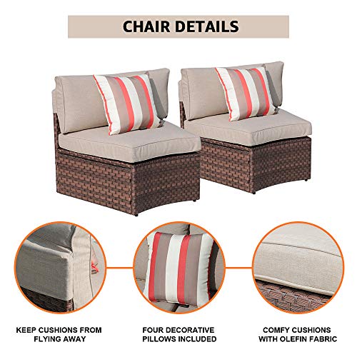 Sunsitt 7 Pieces Patio Furniture Set Outdoor Half-Moon Sectional Set With Waterproof Sofa Cover, Brown Pe Wicker & Beige Cushion #TOP2