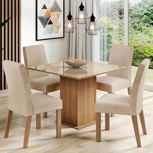 Sala de Jantar Madesa Evelin Mesa Tampo de Vidro com 4 Cadeiras -...