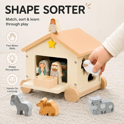 Wooden Nativity Set Montessori Toy for Toddlers 18M+, Pull Along Shape Sorter House, Christian Bible Toys for Kids, Baptism Gifts for Boys Girls, Christening, Baby Dedication & 1st Birthday Gifts - Image 3