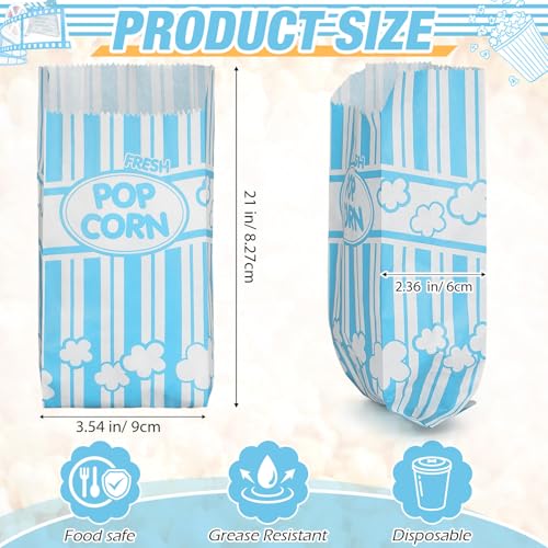 Image of Potchen 300 Pcs Popcorn Paper Bags Disposable Grease Resistant Striped Popcorn Container for Movie Night Carnival Party Theater(Light Blue,1 oz)