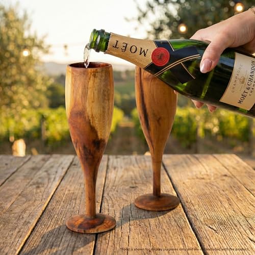 Image of NAVRANG Wooden Champagne Glasses Set of 2 | Handcrafted Teak Wood Champagne Glasses | Unique Rustic Drinkware for Gifting, Barware, Parties, Dining & Special Occasions | Traditional Glass Set