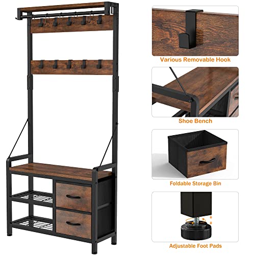 Lulive Hall Tree, 31” Entryway Bench With Coat Rack Freestanding, 4 In 1 Intelligent Design Shoe Bench And Wall Rack 17 Hooks And Drawers (Rustic Brown) #TOP5