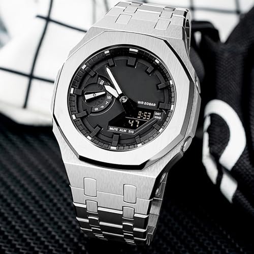 Image of GA2100 Stainless Steel Watch Band Case Mod Kit, Smooth Bezel without Nails Metal Strap Accessories Compatible with Casio Mens G-Shock GA2100 /GA-2110 Watches