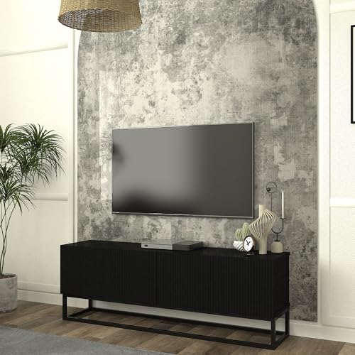 [en.casa] Meuble TV avec Piètement Long Façade Rainuré Banc Télévision Buffet Bas Meuble de Rangement pour Salon Panneau de Particules Métal 135 x 32 x...