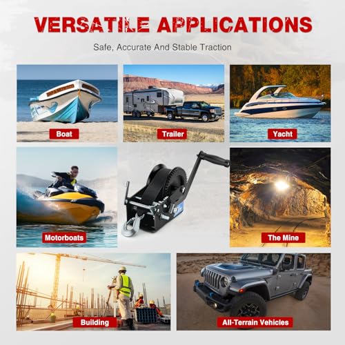 Nilight Boat Trailer Winch 3500 Lbs Hand Crank Winch Heavy Duty Boat Winches with 33Ft Strap Rope Hook Two Way Ratchet 4:1 8:1 Gear Portable Marine Manual Winch for Trailers Boat RV ATV Jet Ski Towing by Nilight - Image 7
