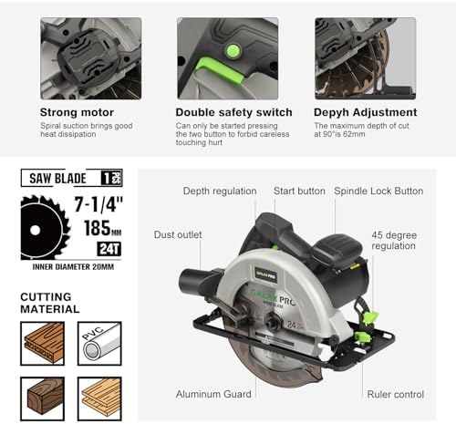 Bild 4 - GALAX PRO 1400W Kreissäge, Maximale 6000RPM, Einstellbare Schnitttiefe und -winkel: 62 mm (90°) - 48 mm (45°), Sägeblatt-Ø: 185mm, für Holz, Weichmetall, Plastik, PVC