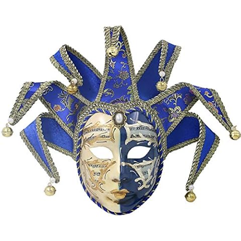 Blue Volto Resin Music Venetian Jester Mask Full Face Masquerade Bell Joker Wall Decorative Art Collection Cover