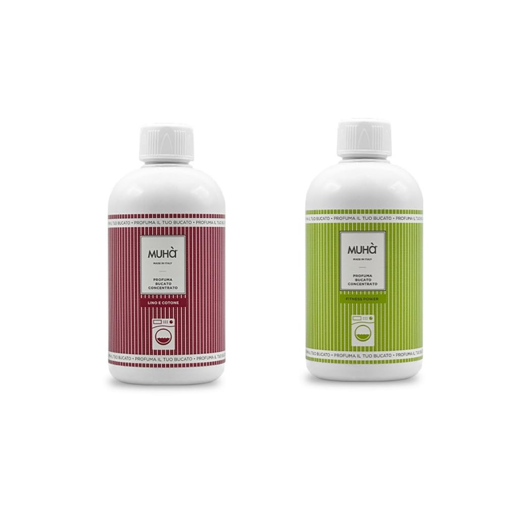 Confezione di Due Profumatori Concentrati per Bucato, Profumo Intenso e Duraturo, 400ml - Lino e Cotone + Fitness Power, Totale 800ml, Freschezza Lunga Durata