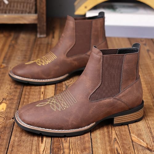 Cowboy Boots for Men Western Square Toe Durable Retro Classic Embroidered Pull On Boot Casual Work Chelsea Short Boots2
