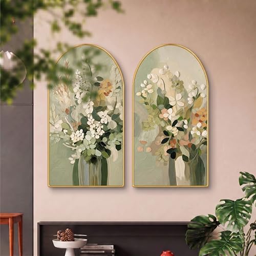 Image of Livin'luxe Set of 2 Floral Wall Painting for Living Room, Green Botanical Modern Artwork, PVC Golden Frame, Arch Shape Wall Decor for Bedroom, Hall, Office & Gift (30 x 32 Inch) RPNL-02-113