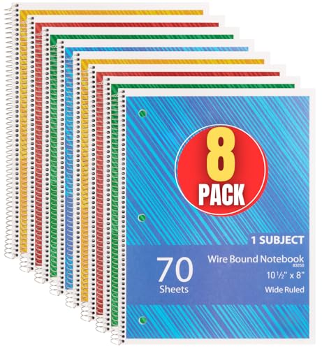 Lot de 8 cahiers à spirales lignés à 3 trous 70 feuilles couleurs assorties