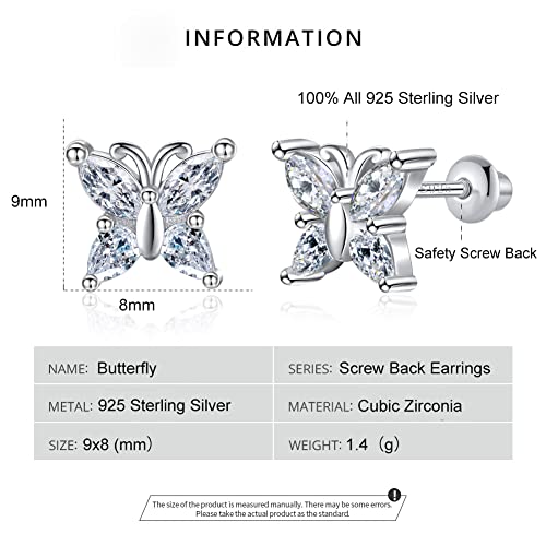 Butterfly Stud Earrings, Screw Back Earrings For Girls, Sterling Silver Hypoallergenic Safety Backs Cubic Zirconia Earrings For Girls Teens Women #TOP1