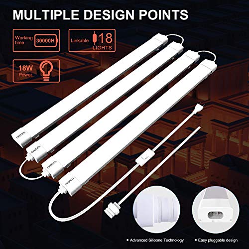 Image of orenm Plug and Play Linkable Waterproof LED Tube Light 2FT 18W 5000K with Switch Cord Easy Installed on Ceiling or Wall Without Wiring for LED Garage Light Under Cabinet Light LED Shop Light (2FT)