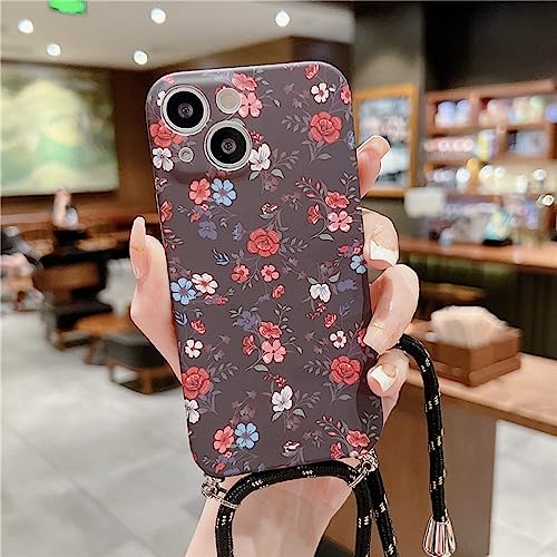 Collier longe étui souple iPhone 14 13 12 Pro Max XR 7 8 Plus housse antichoc fleur