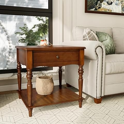 MODERION End Table with Drawer and Open Storage Shelf, Solid Wood Sofa Side Table, Slim Beside Table, Telephone for Small Spaces, Living Room, 22.83" L x 22.83" W x 24" H,Caramel Brown,CJZ-C008-DR Cover