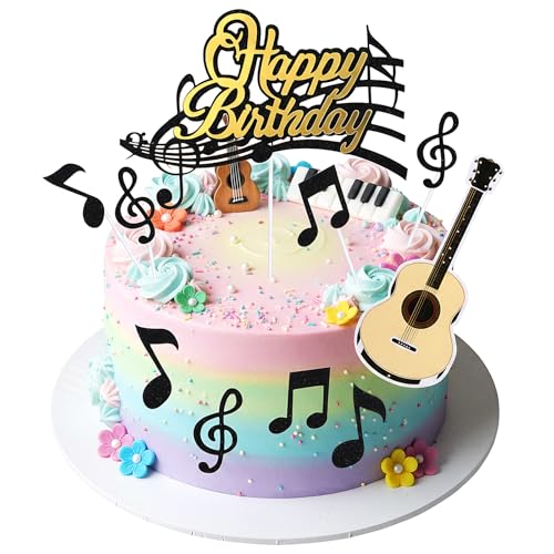 9 piezas de decoración para tartas musicales, guitarras Happy Birthday, decoración para tartas con temática musical de cumpleaños, notas musicales (negro)