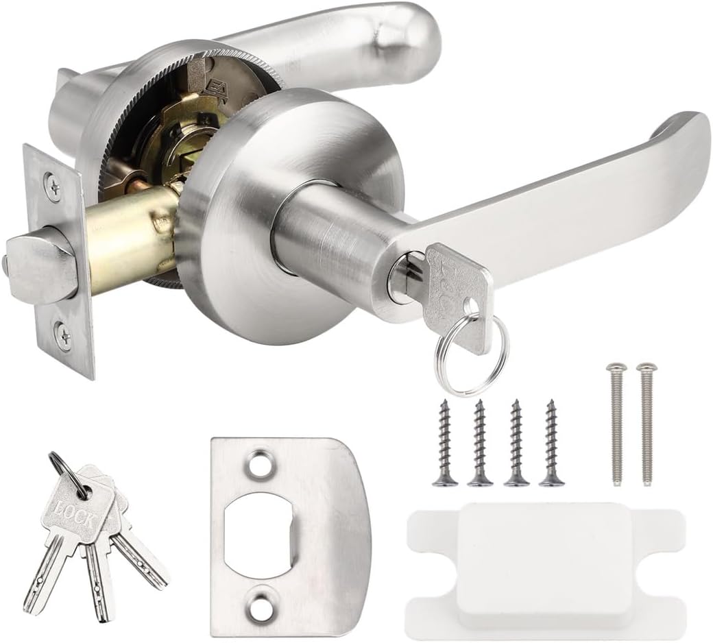 Keyed Entry Lock Kit With Lever Handle For Doors, Brushed Aluminum Door Lockset, Commercial, Bedroom, And Cloakroom Compatible, 2.36-2.75'' Adjustable Latch
