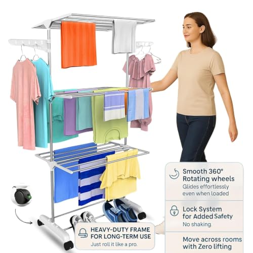 Image of H Houseware Single Pole Stainless Steel 3 Tier Cloth Drying Stand with Wheels | Foldable Clothes Dryer & Laundry Rack | Rustproof & Portable | 43.2D x 78.7W x 165H cm(White)