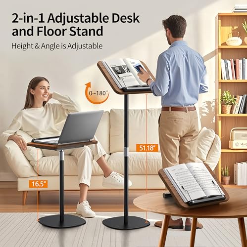 Image of NAMON 2-in-1 Dual-use Floor & Desktop Book Stand, Durable Metal & Wood, Height Adjustable 16.5 inch-51 inch, Floor Reading Stand for Sheet Music, Cookbooks, Projector (Walnut Finish, 11.8 inch x 16.5 inch Panel)