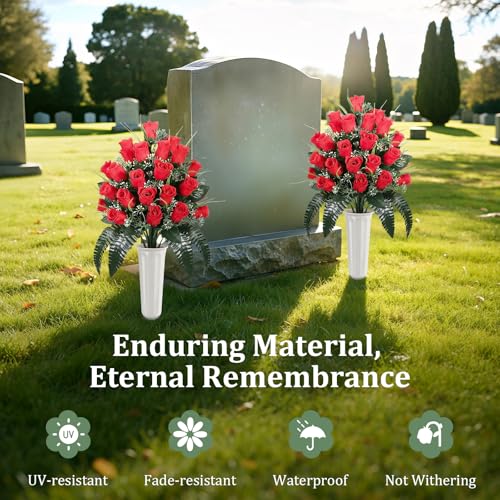 Lewondr Artificial Cemetery Flowers with Vase, 2 Sets Outdoor Grave Decorations UV Resistant Silk Rose Bouquet Graveyard Memorial Flowers for Cemetery Headstones Decoration, Red image 7